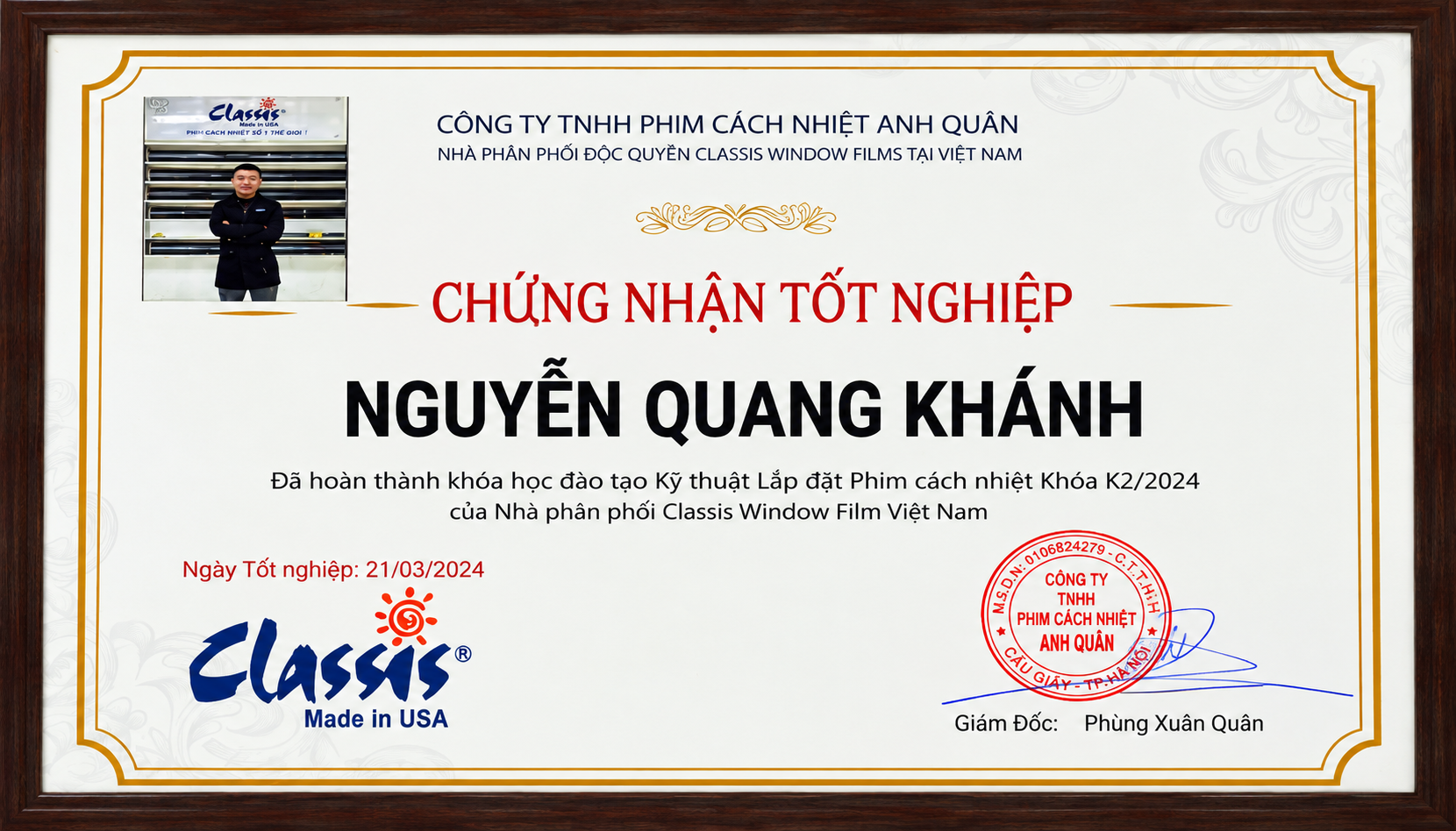 Chứng nhận tốt nghiệp khóa kỹ thuật lắp đặt phim cách nhiệt Classis